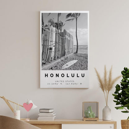 Honolulu Poster Black And White Featuring Surfboards, Palm Trees & Ocean View Canvas Wall Art Aesthetic Decorative Painting Living Room Restaurants, Pool Halls And Hotelsstyle 12x18inch(30x45cm)