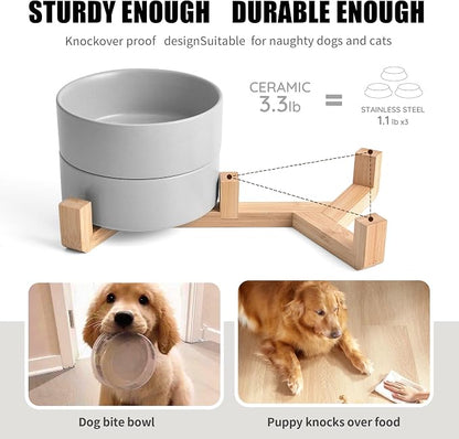 Mowtanco Grey Ceramic Dog & Cat Bowl Set – 13.5 OZ with Wooden Stand, Non-Slip, Elevated Design for Small Dogs & Cats – 2 Bowls (Food & Water, Ceramic Pet Bowls, Modern Dog Bowls)