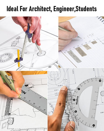 Nicpro 20PCS Professional Geometry Set with Case, Drafting Tools with Protractor and Compass, Metal Rulers, Triangles, Pens, Pencils, Drawing Supplies, Drafting Kit for Architect Engineer Students