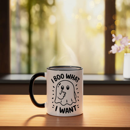 I Boo What I Want Funny Halloween Ghost Coffee Lover Ceramic Mug, Black/White