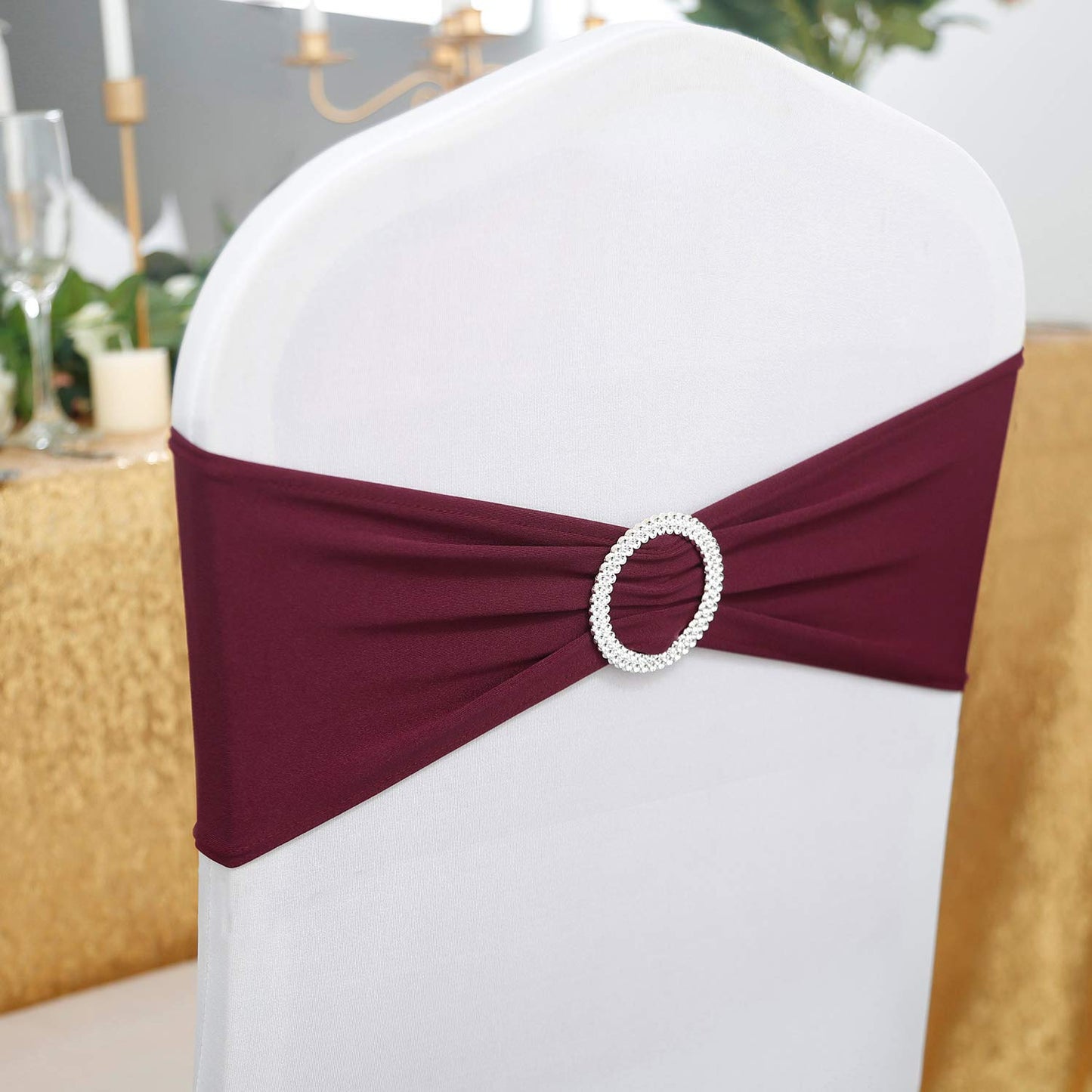 Peomeise 50pcs Burgundy Spandex Chair Sashes with Buckle Slider for Wedding, Party Decoration