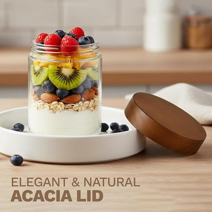 Bumobum 16 oz Overnight Oats Containers with Lids, Glass Mason Jars with Acacia Wood Airtight Lid, Wide Mouth Glass Canisters for Food Storage Chia Pudding Snacks Yogurt Spice Meal Prep, 2-Pack