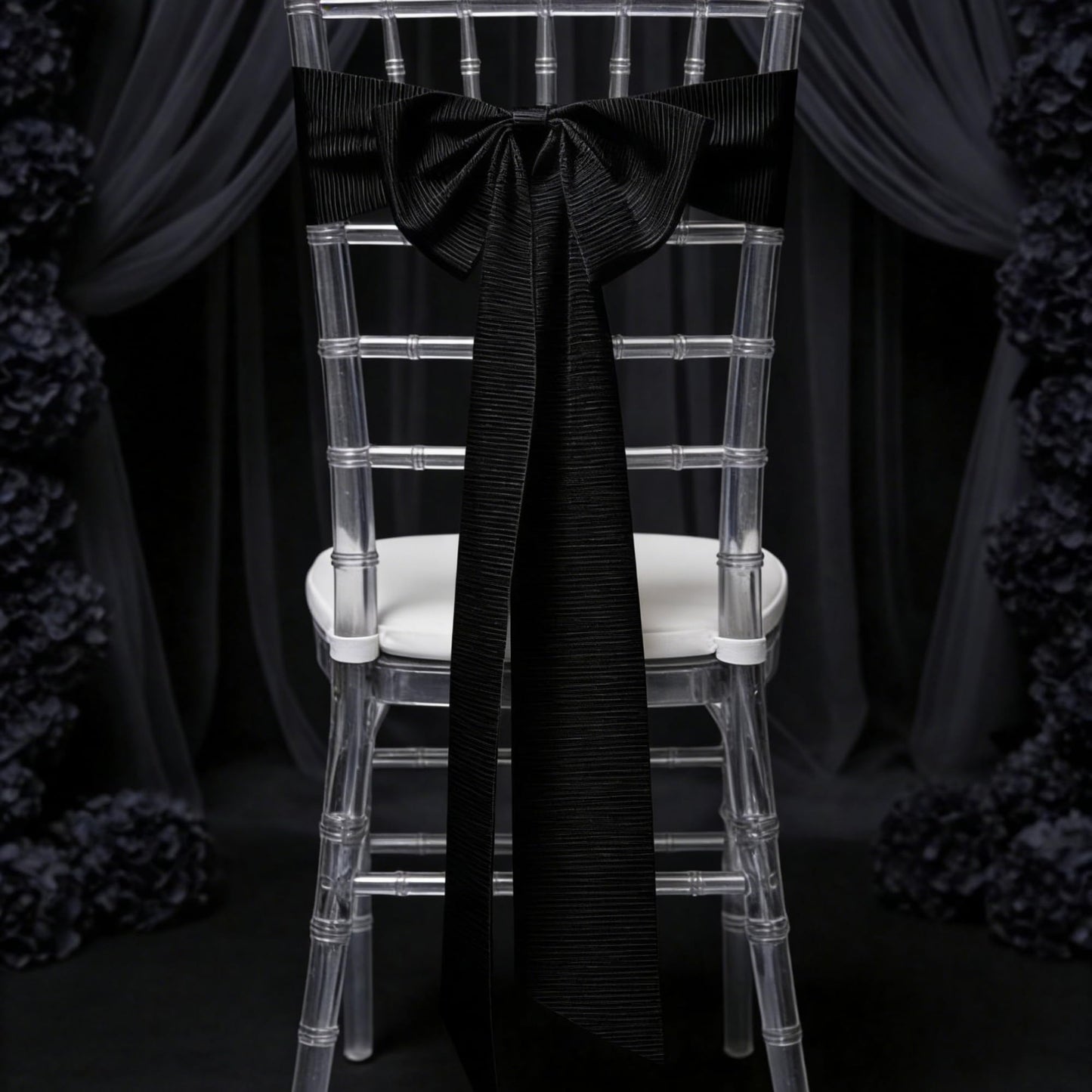 Meseey Black Silk Satin Pew Bows Set of 6 Handcrafted Frayed Edge Long Tail Decor Bows No Chair Sash 11x25 Inch