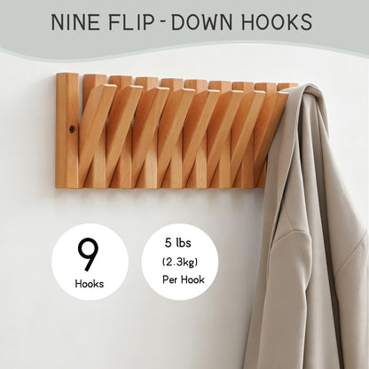 VelnixArvone Wall Mounted Piano Coat Rack, Decorative Wooden Wall Hooks with Fold-Away Design, 9 Flip-Down Coat Hooks for Entryway, Bedroom, Laundry Room (Natural Beech)