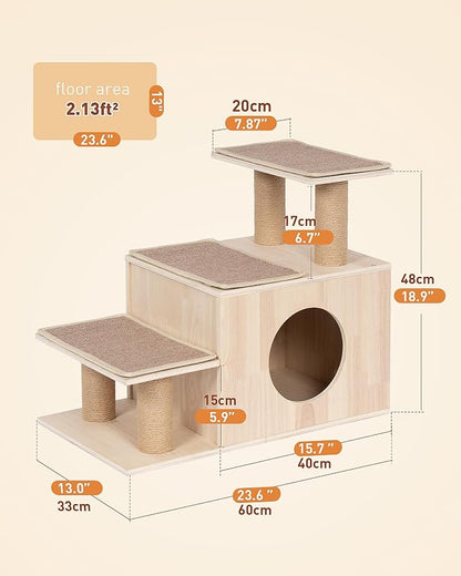 3-in-1 Pet Stairs for Cats, 7.87" Depth Pet Steps for Cat, Wood Cat Stairs for High Bed and Sofa, 1 Condo Cave, Scratching Post, Sturdy Indoor Pet Stairs with Non-Slip Carpet Pads