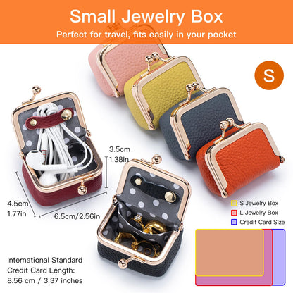 Small Travel Jewelry Box, Genuine Leather Mini Kiss-Lock Coin Purse Organizer, Portable Jewelry Storage for Women (Pink, S)