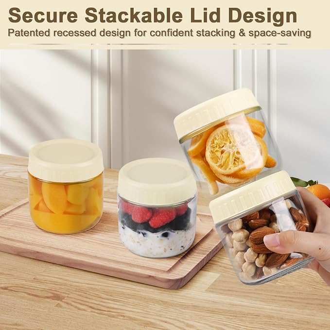 Overnight Oats Containers with Lids, 10oz Wide Mouth Mason Jars with Lids, 9 Pack Glass Jars with Airtight lid for Chia Pudding Yogurt Salad, Meal Prer Oatmeal Jars, Yellow