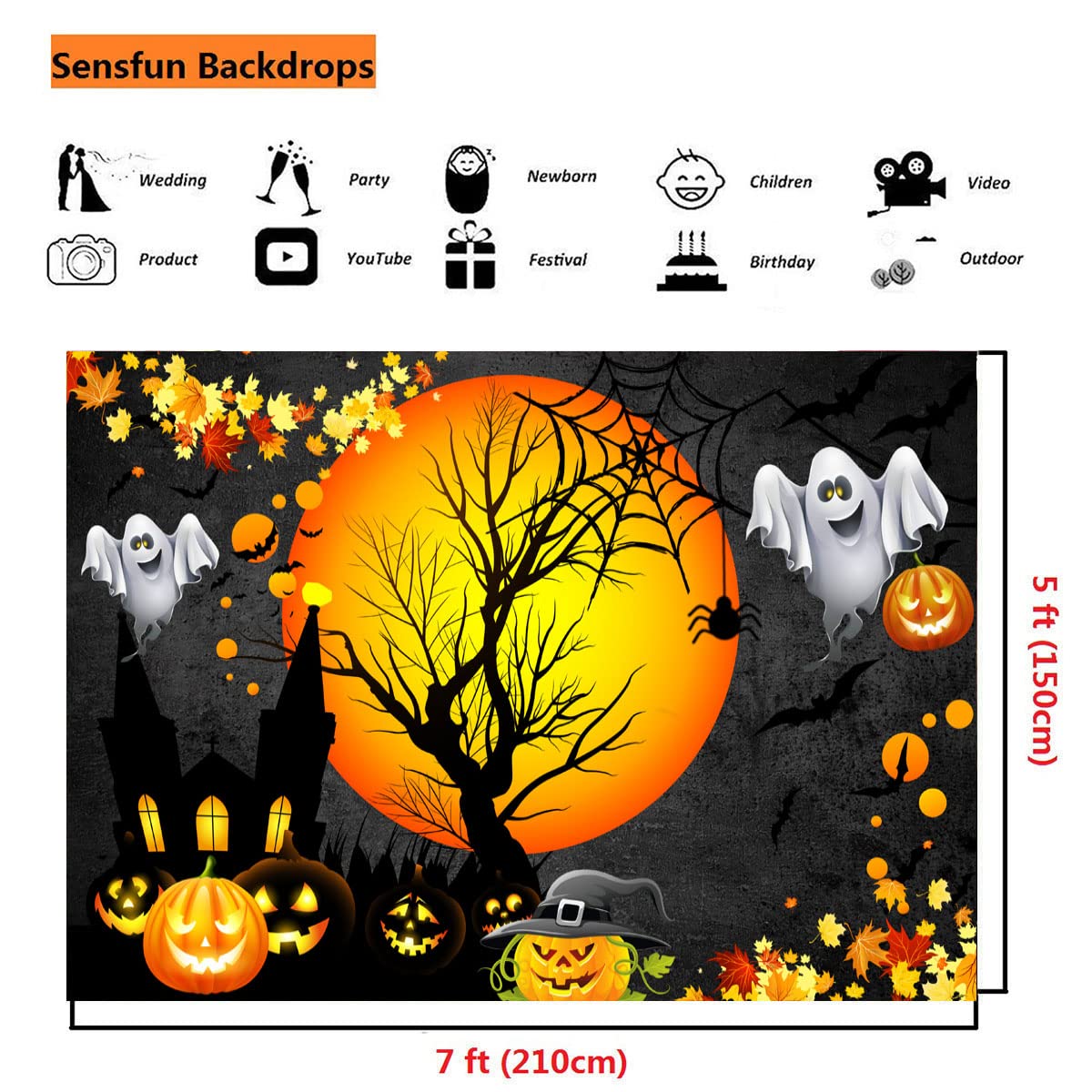 Sensfun Halloween Ghost Backdrop for Kids Adult Birthday Photography Moon Night Pumpkin Castle Background Halloween Trick Or Treat Party Backdrops Banner Decoration PhotoShoot Booth Picture Prop 7x5ft