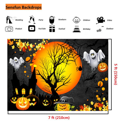 Sensfun Halloween Ghost Backdrop for Kids Adult Birthday Photography Moon Night Pumpkin Castle Background Halloween Trick Or Treat Party Backdrops Banner Decoration PhotoShoot Booth Picture Prop 7x5ft