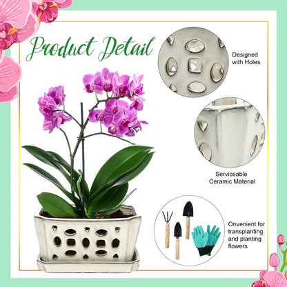 Teenyyou 1 Set Orchid Pot with Holes 9.5 Inch Ceramic Orchid Pot with Saucers for Repotting Amaryllis Flower Planter Include Gardening Shovel Set and Gloves for Home Decor(White)