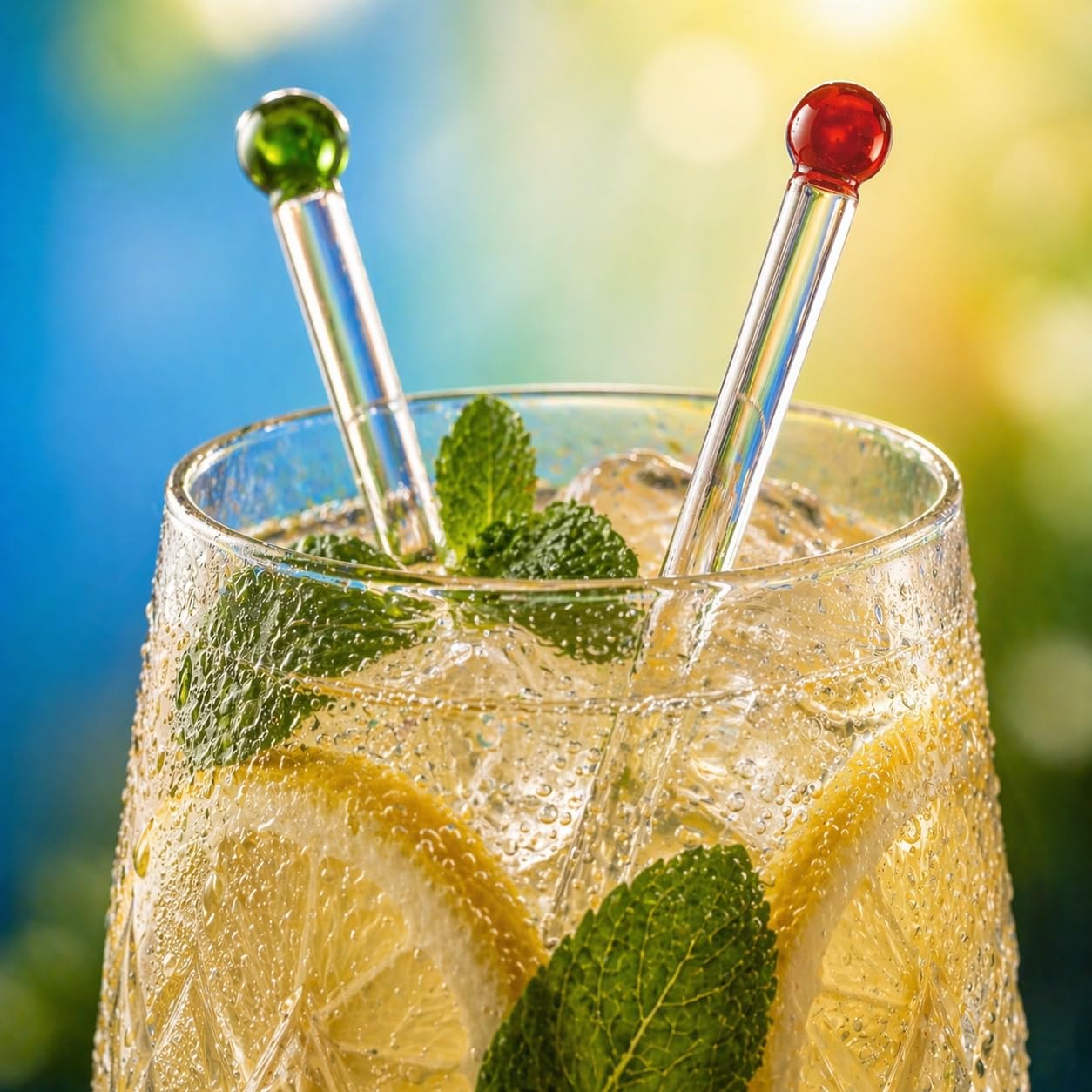 GET FRESH Glass Cocktail Stirrers Set – 8pcs Reusable Long Coloured Borosilicate Glass Swizzle Sticks for Cocktails and Drinks