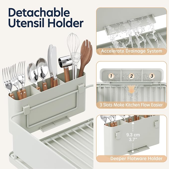 Dish Drying Rack Large Capacity - Stainless Steel Dish Rack for Kitchen Counter with Drain Board, Rustproof Dish Drainer with Auto Drain Spout, Utensil Holder & Glass Holder, Dinnerware Organizer