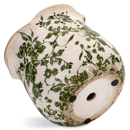behen bahen Vintage Ceramic Planter Pot with Drainage Holes, Green Floral Design, 6.11 Inch, Distressed Tuscan Style, Indoor Plant Pot and Vase (Green)