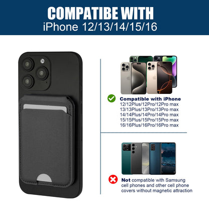 Rumwot for MagSafe Phone Wallet, Genuine Leather Magnetic Card Holder for iPhone, Magsafe Phone Wallet with Adjustable Bracket, 3 Card Holders, Compatible with iPhone 16/15/14/13/12 Series (Black)