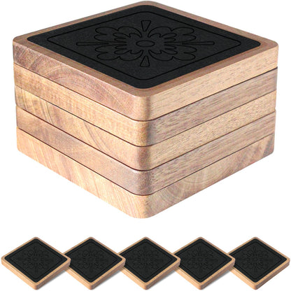 EDEGG Square Coasters for Drinks, Absorbent Coaster Sets of 5, Wood Drinks Coasters for Coffee Tabletop Protection, Non-Slip, Non-Stick, Suitable for Kinds of Cups Wooden Table Drink, 4.1 Inches Black