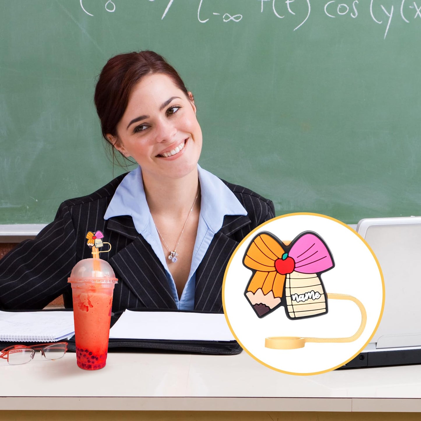 Willinglong 50 Pcs Teachers Appreciation Gifts for Women Bulk Straw Topper Cover Cap 10 mm Back to School Teachers Gift for Tumbler Cups Reusable PVC Thank You for Nurse Party Firrst Day of School