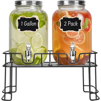 DHSBTLS 1 Gallon Glass Drink Dispensers, 2 Pack Clear Beverage Dispenser for Party, BBQ and Picnic, Juice Dispenser with Ice Core, Black Stand, Spigot, Markers and Chalkboard
