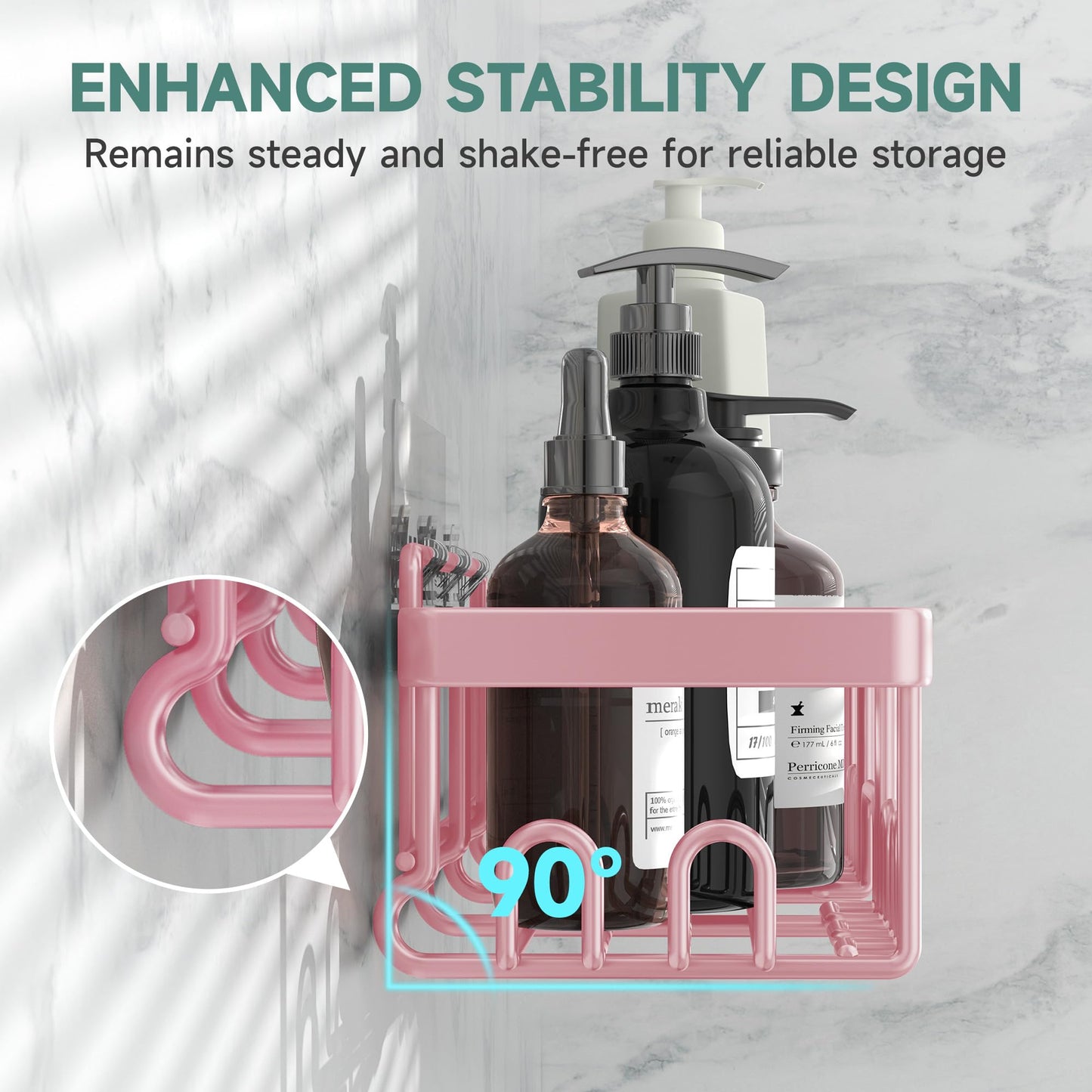 Veken Large Capacity Shower Caddy 6-Pack, No Drilling & Rustproof, Adhesive Shower Shelves with Soap Holder, Bathroom Organizers and Storage, Wall-Mounted Kitchen & Home Decor, Pink