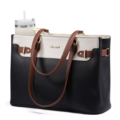LOVEVOOK Laptop Tote Bag for Women Work, Teacher Tote Bag Nurse Bag with Large Cup Holder, 15.6 Inch Waterproof Leather Computer Bag Professional Business Office Briefcase, Black-beige-brown