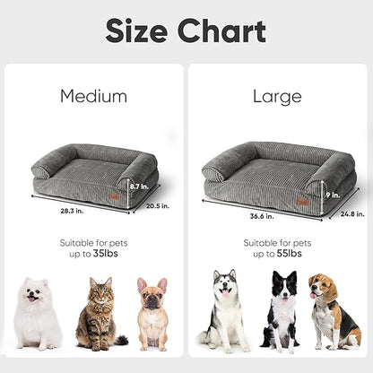 FUKUMARU Cute Dog Bed, Thickened Orthopedic Dogs Couch, 36in Egg Crate Foam Pet Sofa for Medium to Large Dogs, Waterproof Warm Corduroy Pet Bed with Washable Cover, Dark Grey