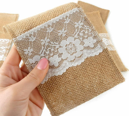 OZXCHIXU TM 100 Pack Natural Burlap Cutlery Holder Pouch Bag 4x8.5 Inch with Lace Silverware Napkin Holders Wedding Party Bridal Shower Table Setting Table Decoration
