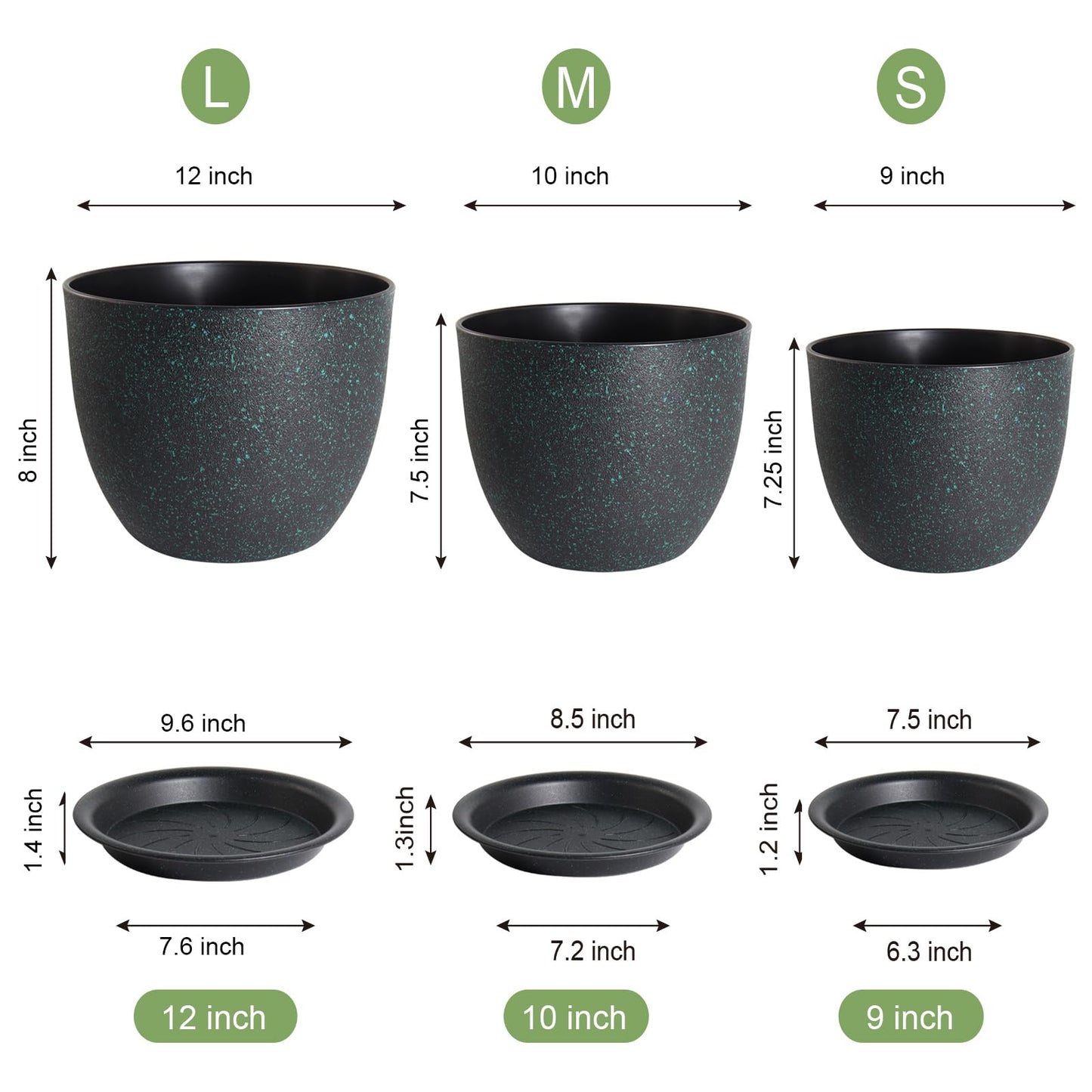 UOUZ 12/10/9 Large Modern Plant Pots, Plastic Planters with Drainage Holes and Saucers for Indoor Outdoor Plants Flowers, Black with Green Speckles