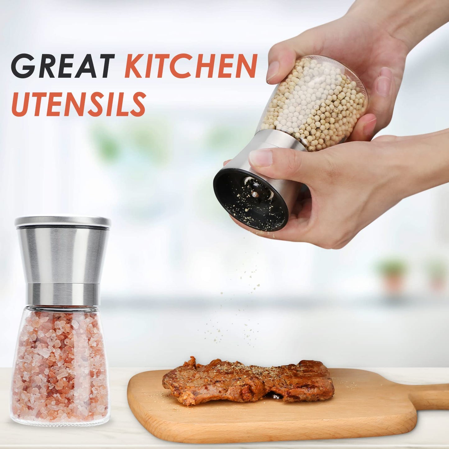 Ebaco Original Stainless Steel Salt or Pepper Grinder - Top Spice Mill with Ceramic Blades, Brushed Stainless Steel and Adjustable Coarseness By Pepper Grinder （Single Package）