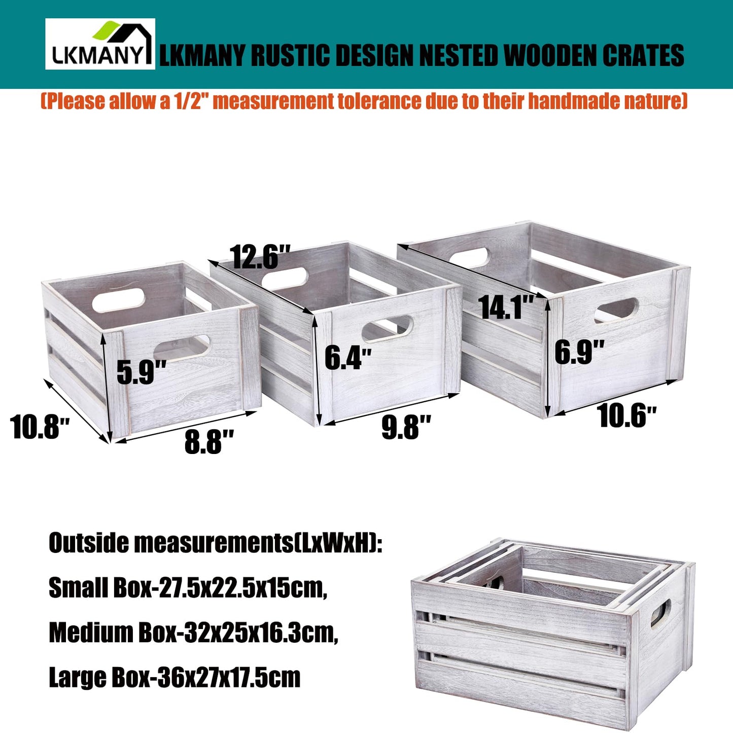 LKMANY Storage Crates 3 Pcs Wooden Crates Decorative Boxes,Nesting Storage Container Rustic White,Boxes for Storage, Display,Decor