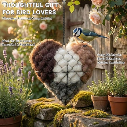Handmade Alpaca Fiber Bird Nesting Heart, Alpaca Fiber Bird Nesting Material, Heart Shaped Birds Nestings House with Hanger for Wild Birds, Decorative Outdoor Garden Birdhouse Gift(1PCS)