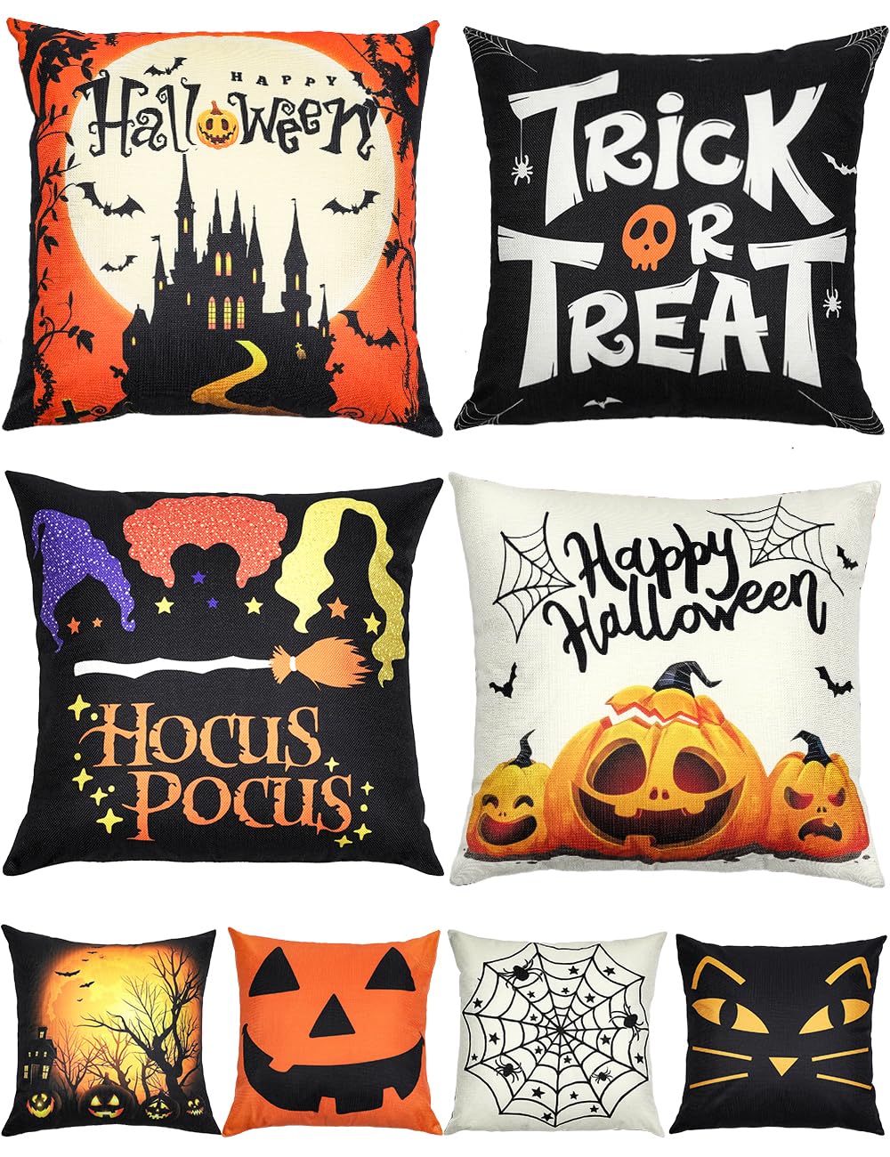 Halloween Decorations Set Of 4 Double-Sided Print Pillow Covers 16" x 16", with 8 Cute Halloween Decor Patterns, Elegant Invisible Zipper, Soft Linen Throw Pillow Covers for Outdoor & Indoor Use