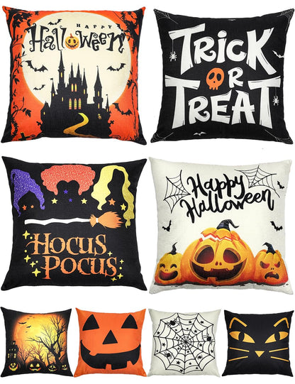 Halloween Decorations Set Of 4 Double-Sided Print Pillow Covers 16" x 16", with 8 Cute Halloween Decor Patterns, Elegant Invisible Zipper, Soft Linen Throw Pillow Covers for Outdoor & Indoor Use