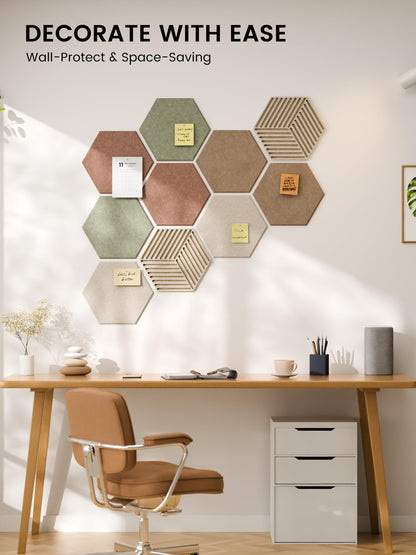 Fluxynara Hexagon Cork Board Alternative for Walls Decor-10-Pack Felt Bulletin Board Tiles,with 30 Pushpins,50 Adhesive Tabs for Office,Classrooms & Home Pin Board Felt Board-Boho