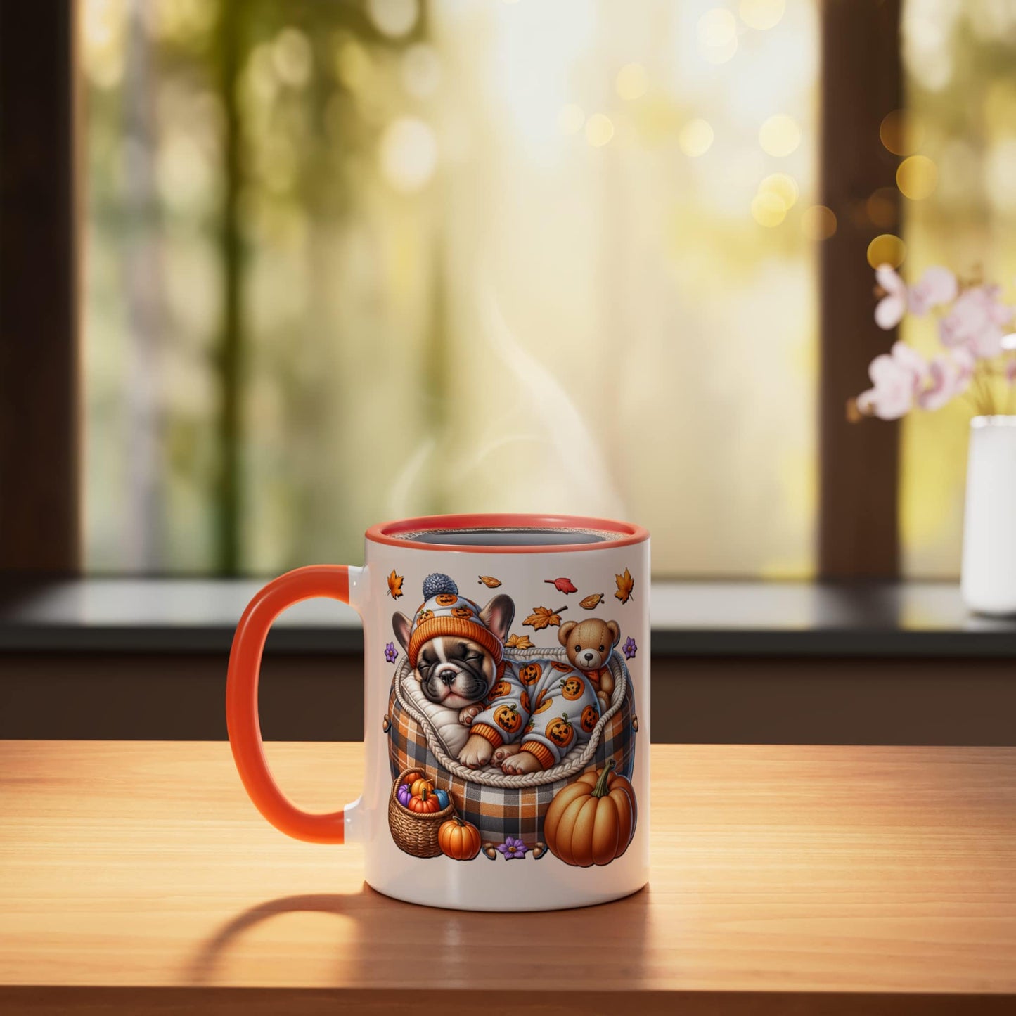 French Bulldog Halloween Fall Pumpkin For Frenchie Grandma Ceramic Mug, Orange/White