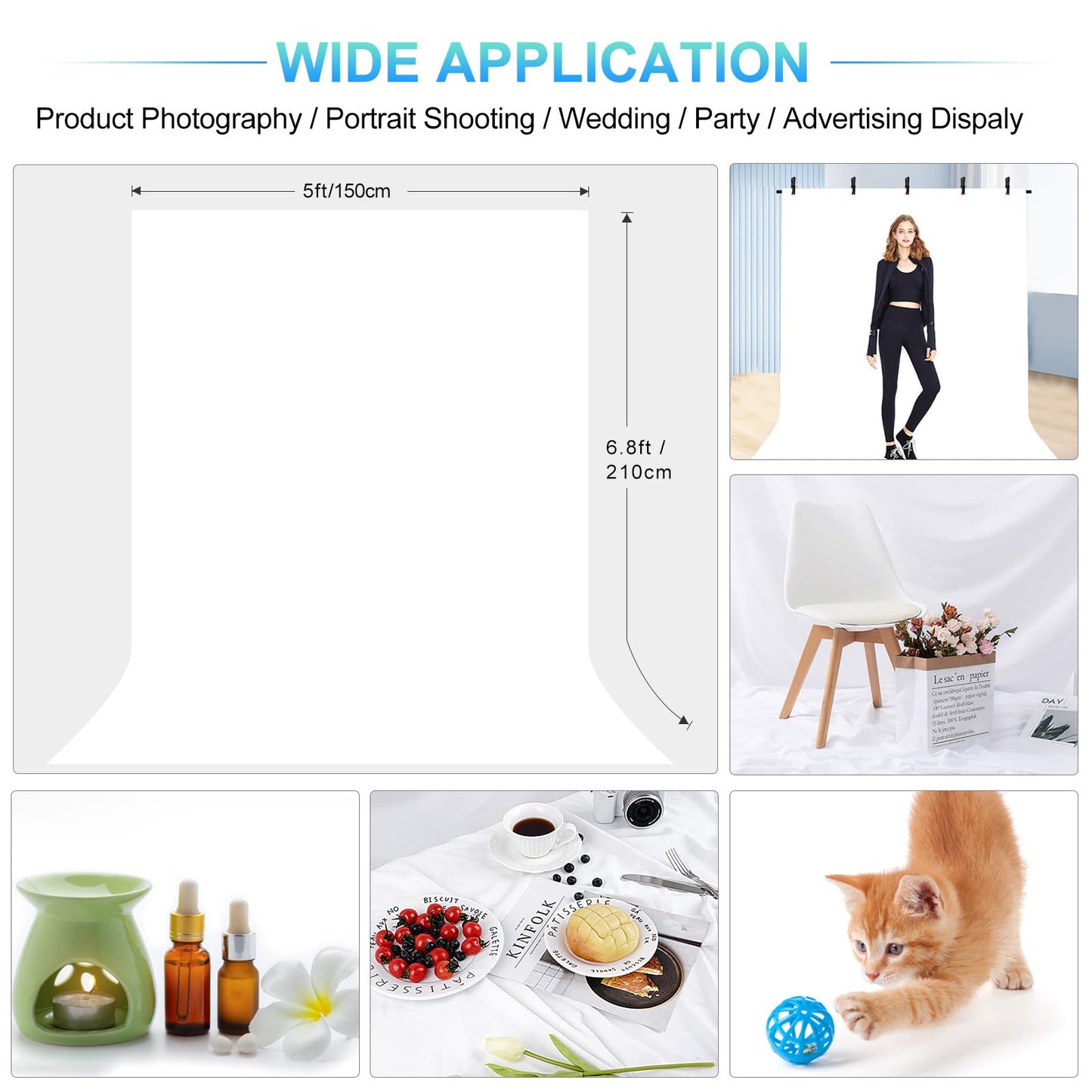 White Backdrop with Stand for Photoshoot, 5X6.5ft White Photo Backdrop with T Shape Background Backdrop Stand for Photography, Portable Photo Backdrop Curtain Stand Kit w Carrying Bag 5 Spring Clamps