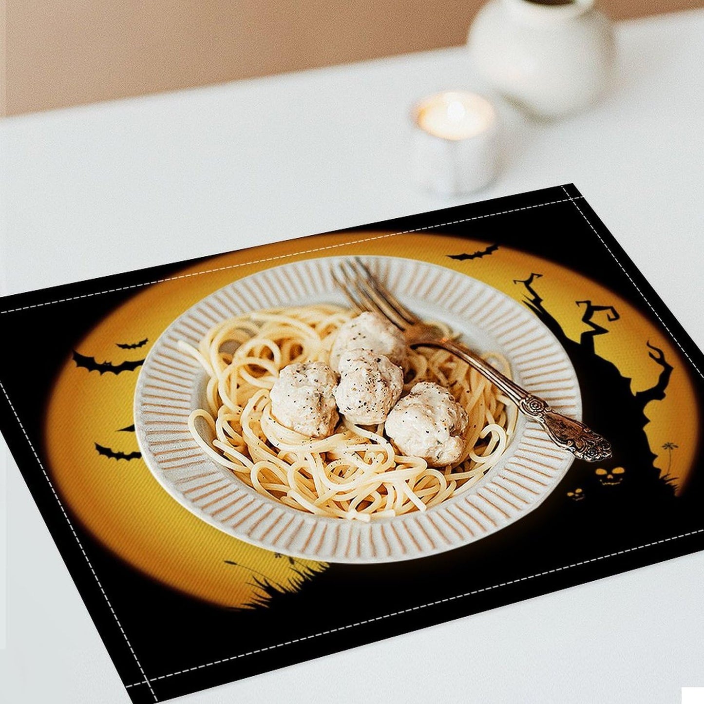 Halloween Placemats Set of 4, 17x12 Inch Orange Moon Scary Pumpkins Bats Owls Black Silhouette Table Mats for Home Party Kitchen Dining Decor
