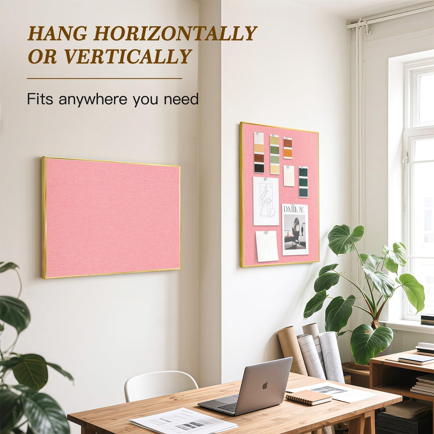 QUEENLINK Linen Bulletin Board 36" x 24", Fabric Pin Board with Gold Aluminum Frame, Decorative Vision Board for Home Office, Bedroom & Dorm Wall Decor, Includes 10 Push Pins, Pink