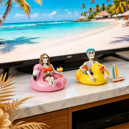 Summer Home Decor Halloween Skeleton-Statues - 2PC Summerween Collectible Figurines Couple on Yellow Duck & Pink Flamingo Floats Sulpture for Coastal Tropical Beach Halloween Decor Newman House Studio