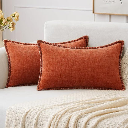 MIULEE Pack of 2 Fall Lumbar Throw Pillow Covers 12x20 Inch Rust Farmhouse Decorative Pillow Covers with Stitched Edge Soft Chenille Solid Dyed Pillow Covers for Couch Sofa Bed Living Room