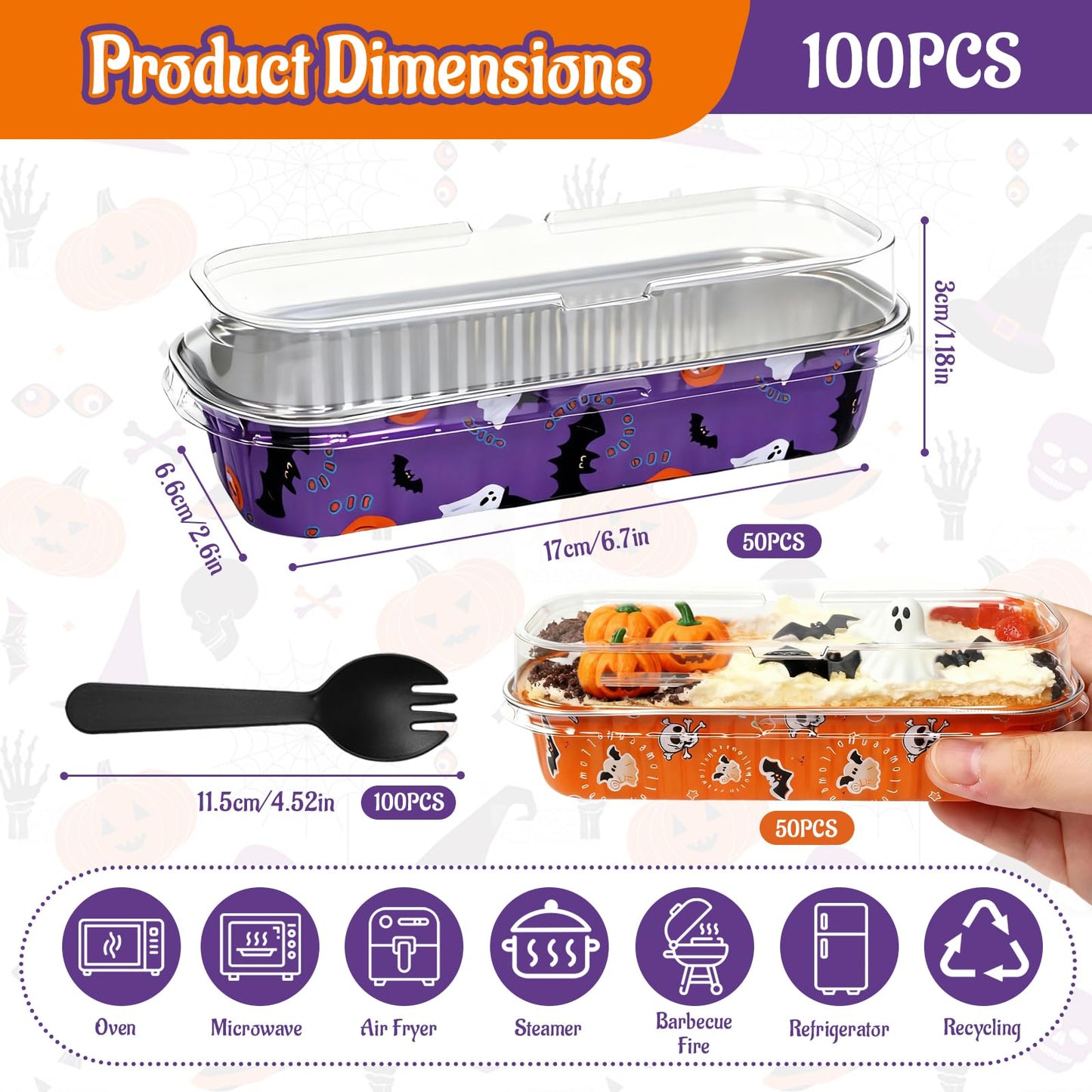 ylnurac 100Pack Halloween Mini Cake Pans Disposable Mini Loaf Pans with Lids and Spoons, 6.8Oz Aluminum Foil Pans Tins, Individual Dessert Cups Containers for Sales,Party,Picnics