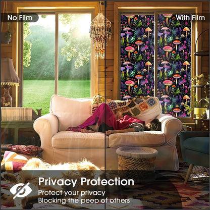 Dark Black Purple Pink Red Mushroom Flowers Stained Glass Window Films Decorative Double-Side Privacy Film Self-Adhesive Static Glass Clings for Living Room Bathroom Decor