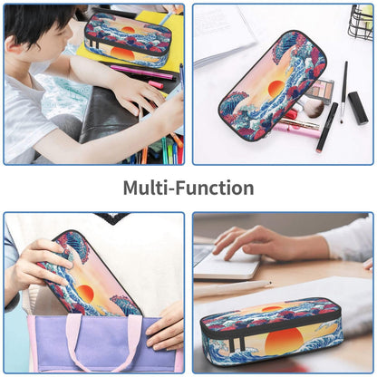 Aoojanu Japanese Ocean Waves Large Pencil Case With Zipper Compartments Stationery Pencil Bag For Kids Teens Students School Supplies