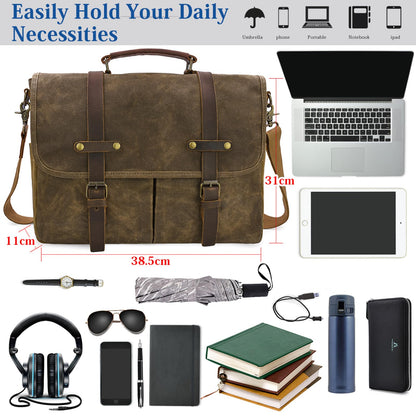 Mens Messenger Bag 15.6 Inch Waterproof Vintage Genuine Leather Waxed Canvas Briefcase Large Leather Computer Laptop Bag Rugged Satchel Shoulder Bag, Coffee