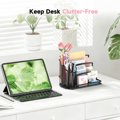 SUPEASY Desk Organizer with 3 Compartment Pen Holder, 3-Slot Mail Organizer and Flower Tube, Metal Mesh Bill Organizer for Pencil, Envelope, Letter and Office Supplies, Black