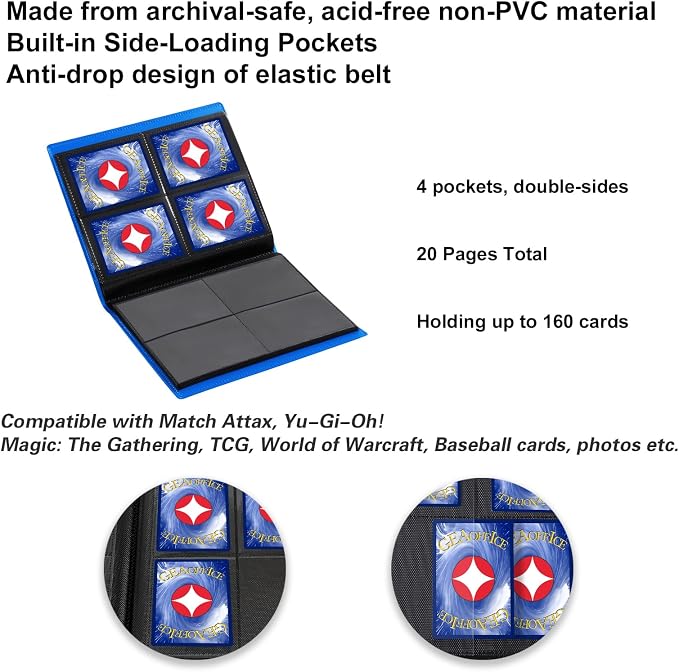 GEAoffice 4 Pocket Card Binder - Small Trading Card Collection Album Folder - 160 Side Loading Pocket Binder for TCG, MTG, Sports&Game Cards - Gifts for Card Boys (Dark Blue)