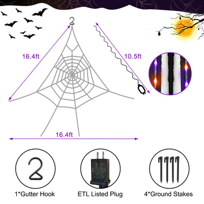 Spider Webs Halloween Decorations Outdoor, 260 Purple and Orange with 8 Modes Waterproof, Spider Web Decoration Outdoor Halloween Decor