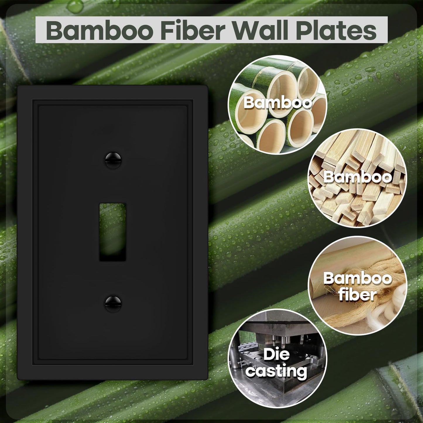Matte Black Decorative Light Switch Cover Plate, Classic Single Toggle Switch Plate Covers, Natural Bamboo Fiber 1 Gang Wall Plates for Bathroom Kitchen- 4 Pack
