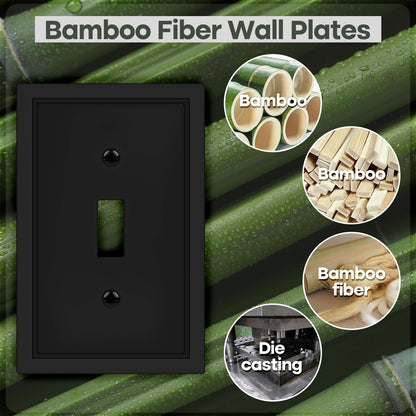 Matte Black Decorative Light Switch Cover Plate, Classic Single Toggle Switch Plate Covers, Natural Bamboo Fiber 1 Gang Wall Plates for Bathroom Kitchen- 4 Pack