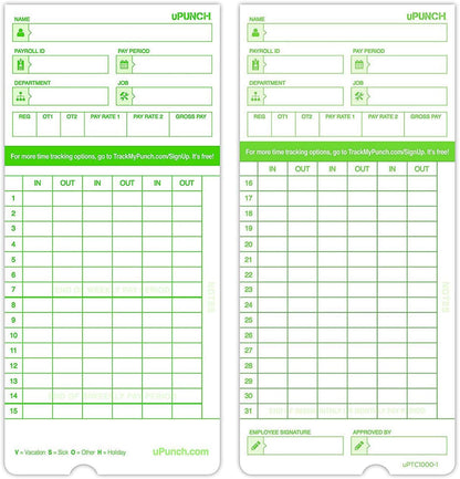 uPunch 300 Time Cards for Green HN3000 AutoAlign Time Clocks (HNTCG1300)