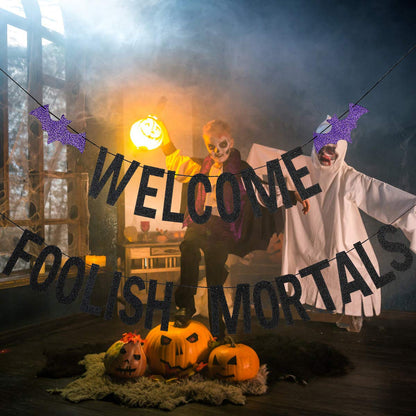 Welcome Foolish Mortals Banner Black Glitter, Haunted Mansion Banner Halloween Party Banner Decorations Welcome Foolish Mortals Sign for Halloween Indoor Laundry Room Farm Bar Home Wall Decor