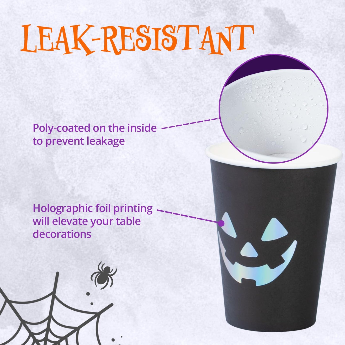 Confettiville Halloween Disposable Paper Party Cups, Bulk 50 Pack, Leak-Resistant, 12 oz Hot and Cold Cups for Restaurants and Parties, Jack-O-Lantern, Black & Silver